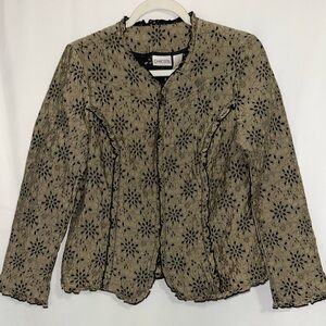 Chicos Jacket Black Brown Eyelet Hook Front Ruffle Accent Women’s Size 1